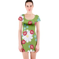 Insect Flower Floral Animals Star Green Red Sunflower Short Sleeve Bodycon Dress by Mariart