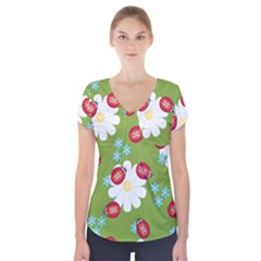 Insect Flower Floral Animals Star Green Red Sunflower Short Sleeve Front Detail Top by Mariart