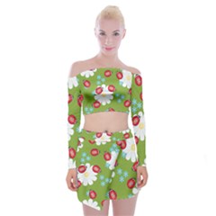 Insect Flower Floral Animals Star Green Red Sunflower Off Shoulder Top With Skirt Set