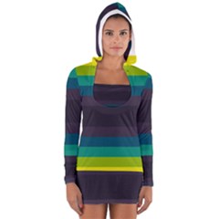 Neon Stripes Line Horizon Color Rainbow Yellow Blue Purple Black Women s Long Sleeve Hooded T-shirt by Mariart