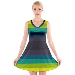 Neon Stripes Line Horizon Color Rainbow Yellow Blue Purple Black V-neck Sleeveless Skater Dress