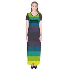 Neon Stripes Line Horizon Color Rainbow Yellow Blue Purple Black Short Sleeve Maxi Dress