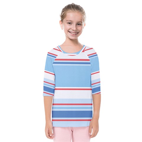 Navy Blue White Red Stripe Blue Finely Striped Line Kids  Quarter Sleeve Raglan Tee by Mariart