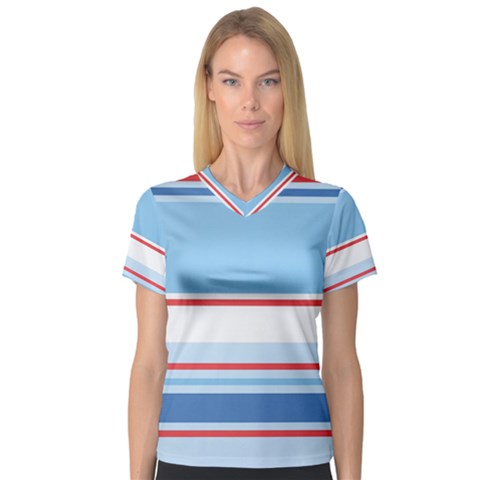 Navy Blue White Red Stripe Blue Finely Striped Line Women s V-neck Sport Mesh Tee by Mariart