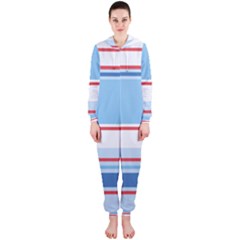 Navy Blue White Red Stripe Blue Finely Striped Line Hooded Jumpsuit (ladies) 