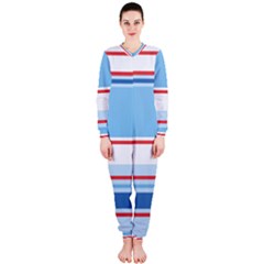 Navy Blue White Red Stripe Blue Finely Striped Line Onepiece Jumpsuit (ladies) 