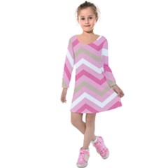 Pink Red White Grey Chevron Wave Kids  Long Sleeve Velvet Dress by Mariart