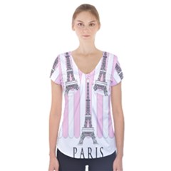 Pink Paris Eiffel Tower Stripes France Short Sleeve Front Detail Top by Mariart