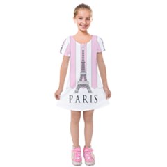 Pink Paris Eiffel Tower Stripes France Kids  Short Sleeve Velvet Dress