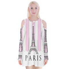 Pink Paris Eiffel Tower Stripes France Velvet Long Sleeve Shoulder Cutout Dress