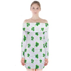 Leaf Green White Long Sleeve Off Shoulder Dress