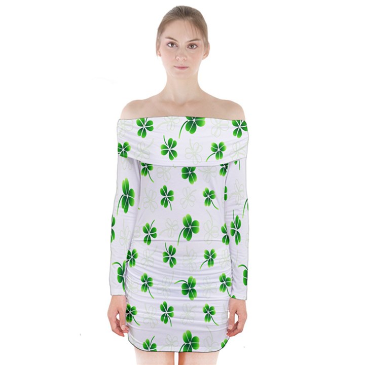 Leaf Green White Long Sleeve Off Shoulder Dress