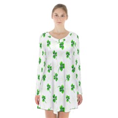 Leaf Green White Long Sleeve Velvet V-neck Dress
