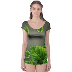 Leaf Green Grey Boyleg Leotard  by Mariart