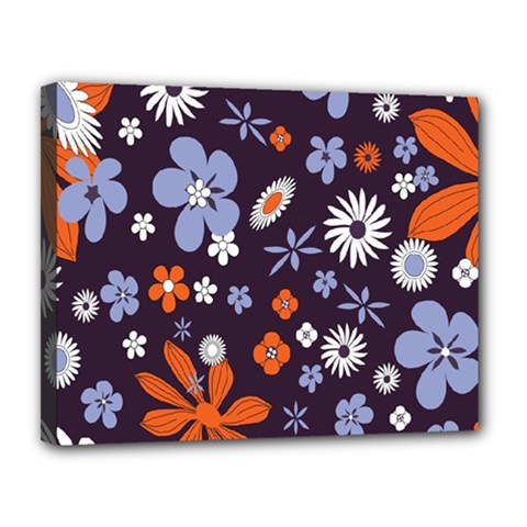 Bright Colorful Busy Large Retro Floral Flowers Pattern Wallpaper Background Canvas 14  x 11 