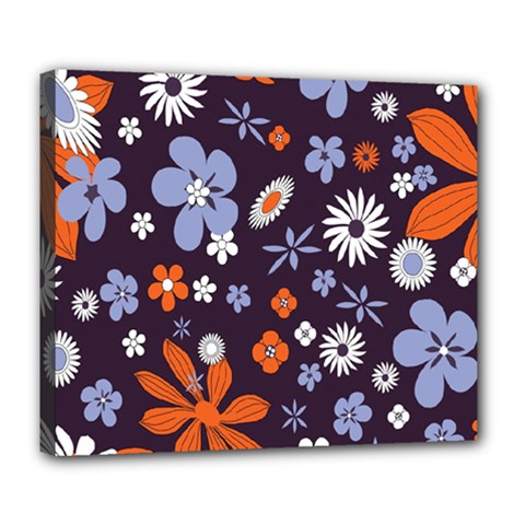 Bright Colorful Busy Large Retro Floral Flowers Pattern Wallpaper Background Deluxe Canvas 24  x 20  