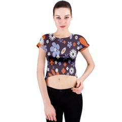 Bright Colorful Busy Large Retro Floral Flowers Pattern Wallpaper Background Crew Neck Crop Top