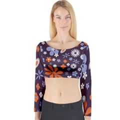 Bright Colorful Busy Large Retro Floral Flowers Pattern Wallpaper Background Long Sleeve Crop Top