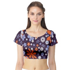 Bright Colorful Busy Large Retro Floral Flowers Pattern Wallpaper Background Short Sleeve Crop Top (Tight Fit)