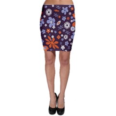 Bright Colorful Busy Large Retro Floral Flowers Pattern Wallpaper Background Bodycon Skirt