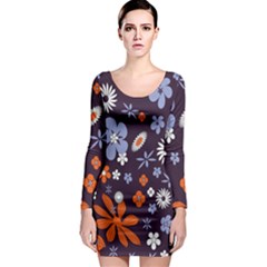 Bright Colorful Busy Large Retro Floral Flowers Pattern Wallpaper Background Long Sleeve Bodycon Dress