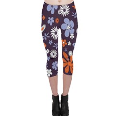 Bright Colorful Busy Large Retro Floral Flowers Pattern Wallpaper Background Capri Leggings 