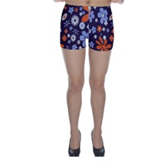 Bright Colorful Busy Large Retro Floral Flowers Pattern Wallpaper Background Skinny Shorts