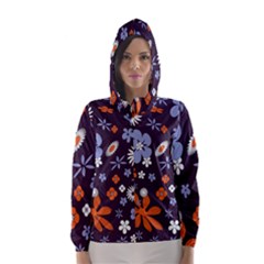 Bright Colorful Busy Large Retro Floral Flowers Pattern Wallpaper Background Hooded Wind Breaker (Women)