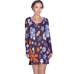 Bright Colorful Busy Large Retro Floral Flowers Pattern Wallpaper Background Long Sleeve Nightdress