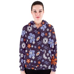 Bright Colorful Busy Large Retro Floral Flowers Pattern Wallpaper Background Women s Zipper Hoodie