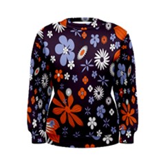 Bright Colorful Busy Large Retro Floral Flowers Pattern Wallpaper Background Women s Sweatshirt
