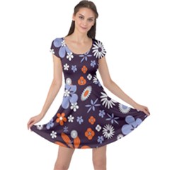 Bright Colorful Busy Large Retro Floral Flowers Pattern Wallpaper Background Cap Sleeve Dresses