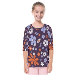 Bright Colorful Busy Large Retro Floral Flowers Pattern Wallpaper Background Kids  Quarter Sleeve Raglan Tee