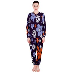 Bright Colorful Busy Large Retro Floral Flowers Pattern Wallpaper Background OnePiece Jumpsuit (Ladies) 