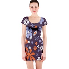 Bright Colorful Busy Large Retro Floral Flowers Pattern Wallpaper Background Short Sleeve Bodycon Dress