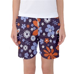 Bright Colorful Busy Large Retro Floral Flowers Pattern Wallpaper Background Women s Basketball Shorts