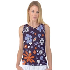 Bright Colorful Busy Large Retro Floral Flowers Pattern Wallpaper Background Women s Basketball Tank Top