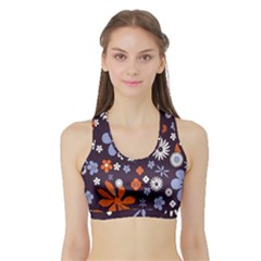 Bright Colorful Busy Large Retro Floral Flowers Pattern Wallpaper Background Sports Bra with Border