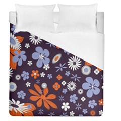 Bright Colorful Busy Large Retro Floral Flowers Pattern Wallpaper Background Duvet Cover (Queen Size)