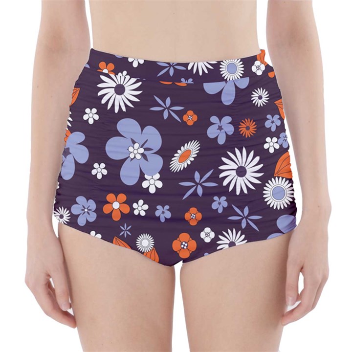 Bright Colorful Busy Large Retro Floral Flowers Pattern Wallpaper Background High-Waisted Bikini Bottoms