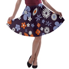 Bright Colorful Busy Large Retro Floral Flowers Pattern Wallpaper Background A-line Skater Skirt