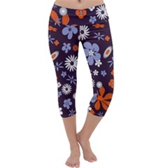 Bright Colorful Busy Large Retro Floral Flowers Pattern Wallpaper Background Capri Yoga Leggings
