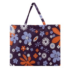 Bright Colorful Busy Large Retro Floral Flowers Pattern Wallpaper Background Zipper Large Tote Bag