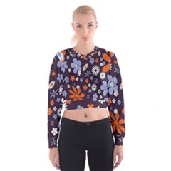 Bright Colorful Busy Large Retro Floral Flowers Pattern Wallpaper Background Women s Cropped Sweatshirt