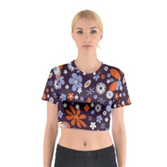 Bright Colorful Busy Large Retro Floral Flowers Pattern Wallpaper Background Cotton Crop Top