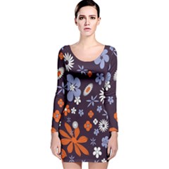 Bright Colorful Busy Large Retro Floral Flowers Pattern Wallpaper Background Long Sleeve Velvet Bodycon Dress