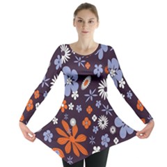 Bright Colorful Busy Large Retro Floral Flowers Pattern Wallpaper Background Long Sleeve Tunic 