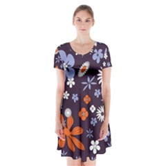 Bright Colorful Busy Large Retro Floral Flowers Pattern Wallpaper Background Short Sleeve V-neck Flare Dress