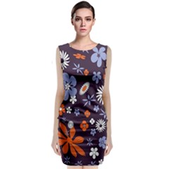 Bright Colorful Busy Large Retro Floral Flowers Pattern Wallpaper Background Classic Sleeveless Midi Dress