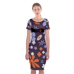 Bright Colorful Busy Large Retro Floral Flowers Pattern Wallpaper Background Classic Short Sleeve Midi Dress